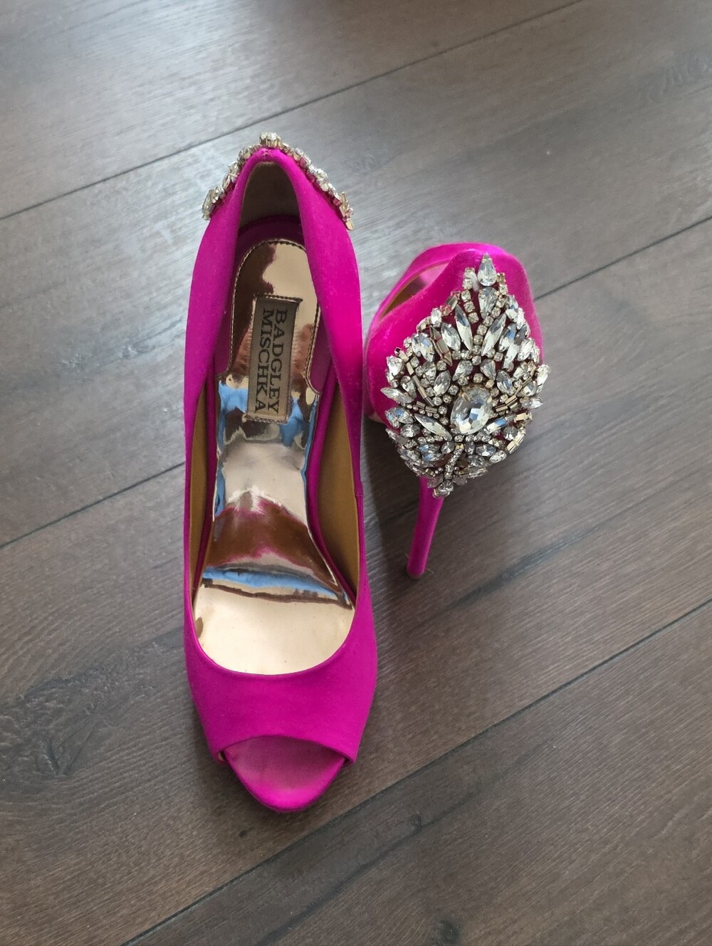 Badgley Mischka Hot Pink Crystal-Embellished Peep-Toe Pumps
